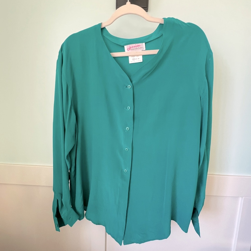 Jessica 100% Silk Teal Button-Up Blouse